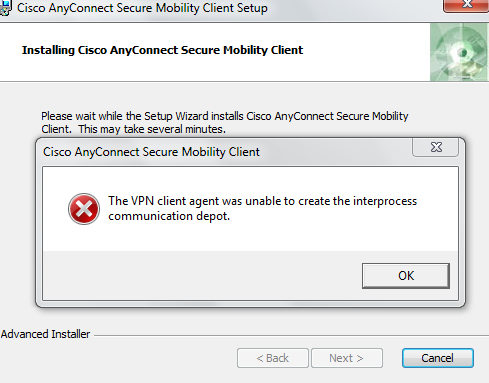Cisco anyconnect secure mobility client installation success or error status 1603
